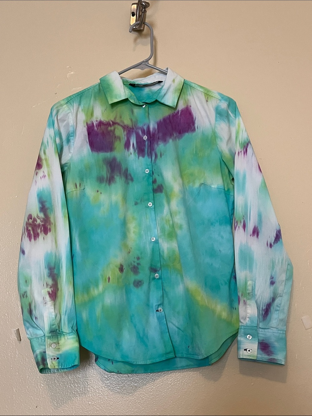 Woman Tie-Dye Button-Down Shirt in Teal, Green & Purple
